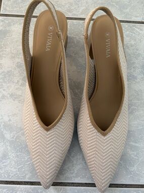 Vivaia Ivory Chevron Pointed-Toe Slingback Pumps